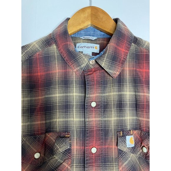 Carhartt Realxed Fit Red Plaid Snap Button Long Sleeve Men's Medium Shirt - Picture 4 of 7
